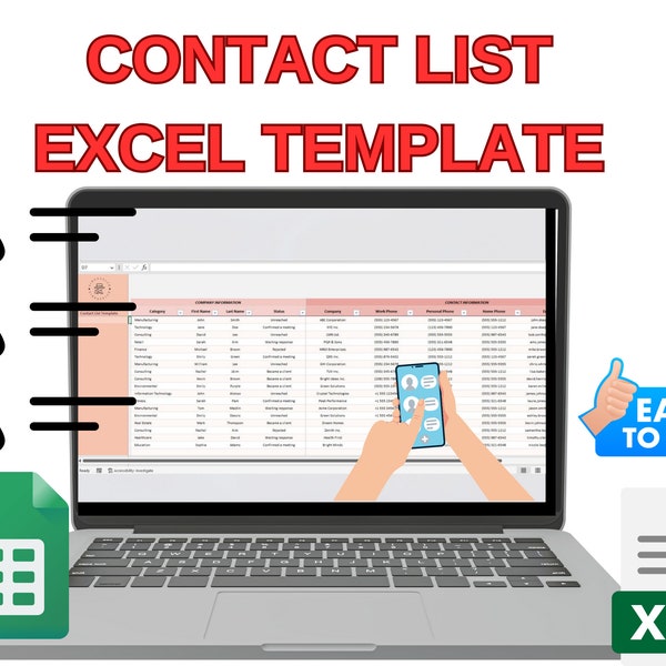 Contact List Excel Template, Customer Planning Template, Digital Sheet, Printable Contacts Excel File, Fully Editable Xlsx