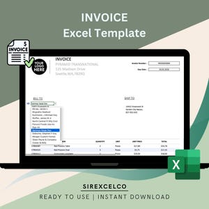 May include: A computer screen displaying an invoice template for an Excel spreadsheet. The template includes fields for invoice number, due date, bill to, ship to, item description, quantity, unit, unit price, and total. The template is designed for a business to create invoices for customers.