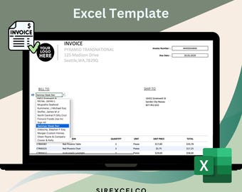 May include: A computer screen displaying an invoice template for an Excel spreadsheet. The template includes fields for invoice number, due date, bill to, ship to, item description, quantity, unit, unit price, and total. The template is designed for a business to create invoices for customers.