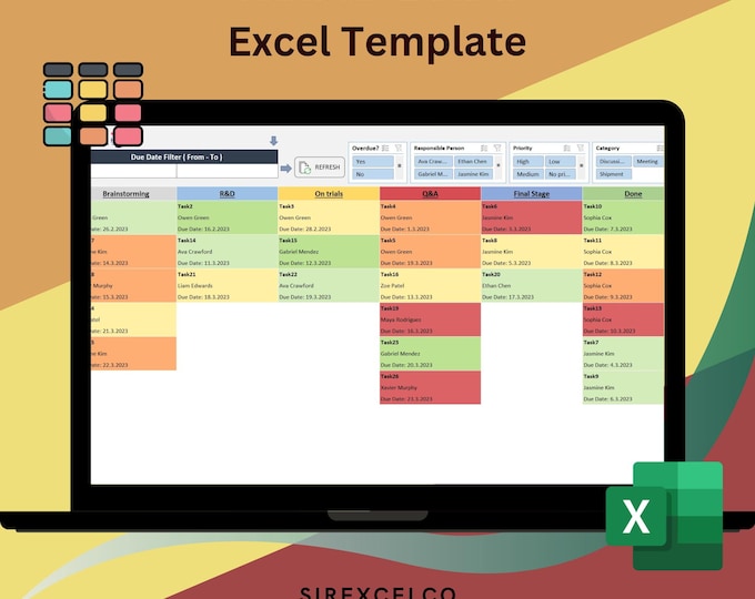 Dynamic Name Boad Dynamic Kanban Board Excel Template for Team Workflow Management | Easy ...