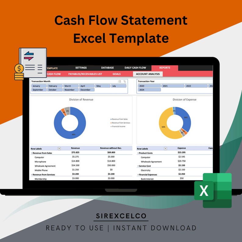 Cash Flow Statement Excel Template | Track Income, Expenses, Financial Balance, Profit and Loss, Balance Sheet, Accounting for business image 2