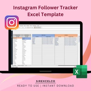 May include: A laptop screen displaying an Excel spreadsheet with the title "Instagram Follower Tracker Excel Template". The spreadsheet has columns for "Previous Date", "Follower Date", "Domains", "Instagram Profile", and "Disclaimers". The spreadsheet is open in Microsoft Excel.