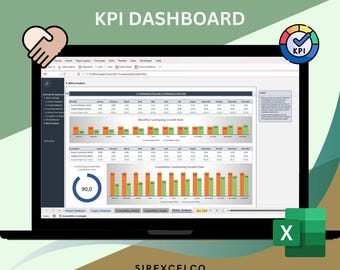 May include: A laptop screen displaying a non-profit KPI dashboard with charts and graphs. The dashboard includes data on monthly and cumulative fundraising growth rates. The dashboard is titled "Non Profit KPI Dashboard".
