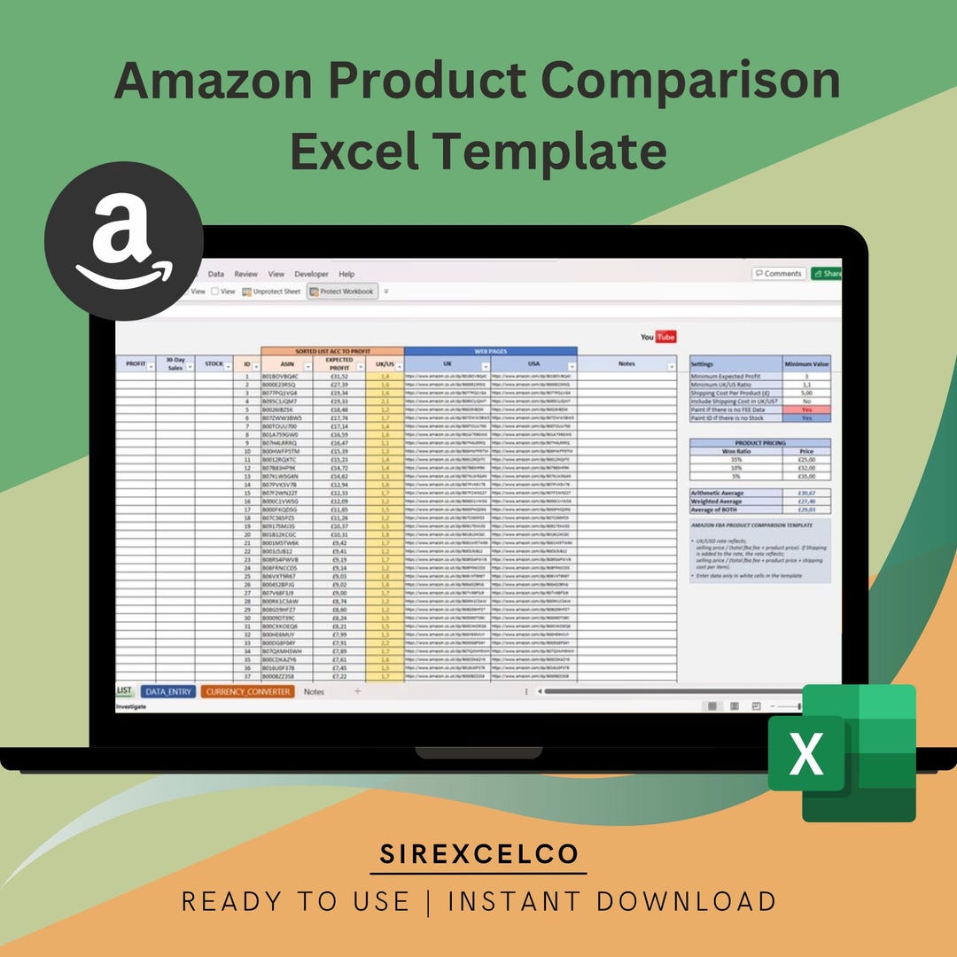 Amazon Product Comparison Excel Template, Amazon FBA Profit Helper ...