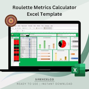 May include: A laptop screen displaying a spreadsheet with a roulette wheel graphic and charts showing different roulette metrics. The spreadsheet is titled "Roulette Metrics Calculator Excel Template". The text "SIREXCELCO" and "READY TO USE | INSTANT DOWNLOAD" are displayed below the laptop screen.
