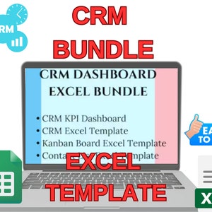 CRM Excel Template Bundle, CRM Dashboard Template, Kanban Board Editable, Contact List, Lead Tracker, CRM Tools for Customer Template