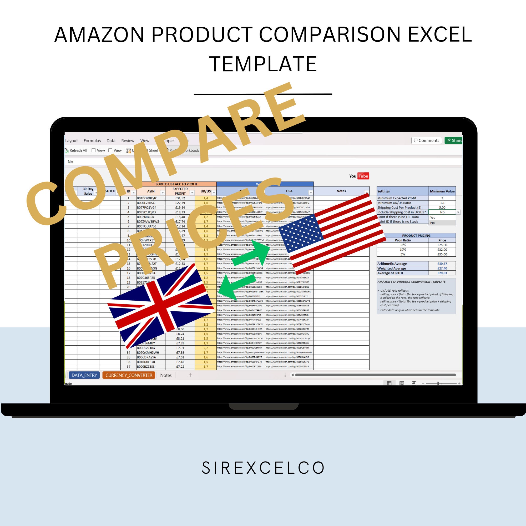 Amazon Product Comparison Excel Template, Amazon FBA Profit Helper ...