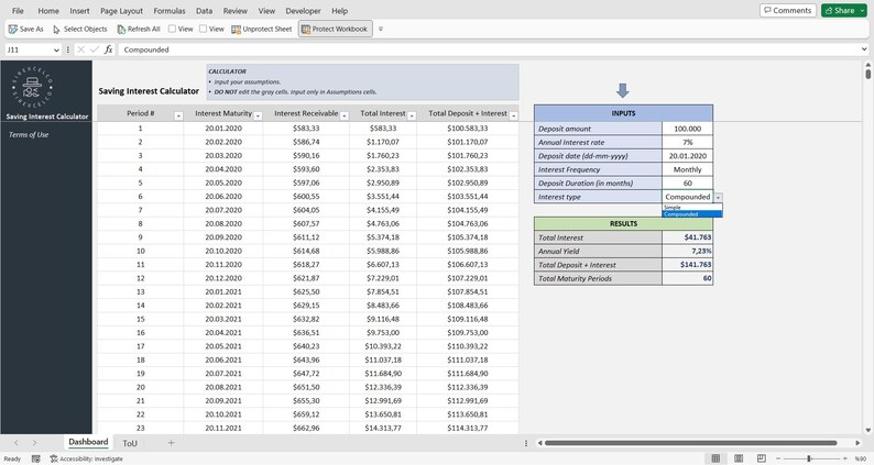 Dynamic Deposit Interest Calculator Excel Template | Easy-to-use Simple ...