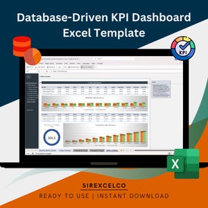 May include: A laptop screen displaying a spreadsheet with a database-driven KPI dashboard Excel template. The spreadsheet shows a chart with monthly sales revenue and a chart with cumulative sales revenue. The spreadsheet also includes a KPI icon with a tick. The text "Database-Driven KPI Dashboard Excel Template" is displayed at the top of the screen. The text "SIREXCELCO" is displayed at the bottom of the screen. The text "READY TO USE | INSTANT DOWNLOAD" is displayed below the text "SIREXCELCO".