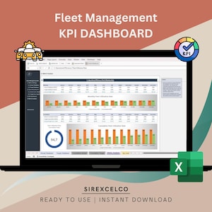 Op de afbeelding: Een laptopscherm met een KPI-dashboard voor wagenparkbeheer met grafieken en gegevens. De tekst "Fleet Management KPI DASHBOARD" en "SIREXCELCO READY TO USE | INSTANT DOWNLOAD" is zichtbaar. Een groen Excel-pictogram is aanwezig.