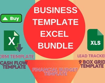 Könnte beinhalten: Eine digitale Grafik, die ein Business-Template-Excel-Bundle bewirbt. Das Bild zeigt den Text "BUSINESS TEMPLATE EXCEL BUNDLE" in Weiß auf einem roten Kreis. Zusätzlicher Text umfasst "CRM TEMPLATE", "CASH FLOW TEMPLATE", "LEAD TRACKER", "9 BOX GRID TEMPLATE" und "FINANCIAL BUDGET TEMPLATE".