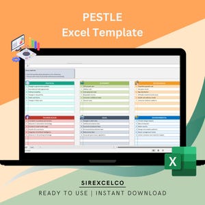 May include: A computer screen displaying a PESTLE analysis Excel template. The template is divided into six sections: Political, Economic, Social, Technological, Legal, and Environmental. Each section has a list of factors to consider when conducting a PESTLE analysis.