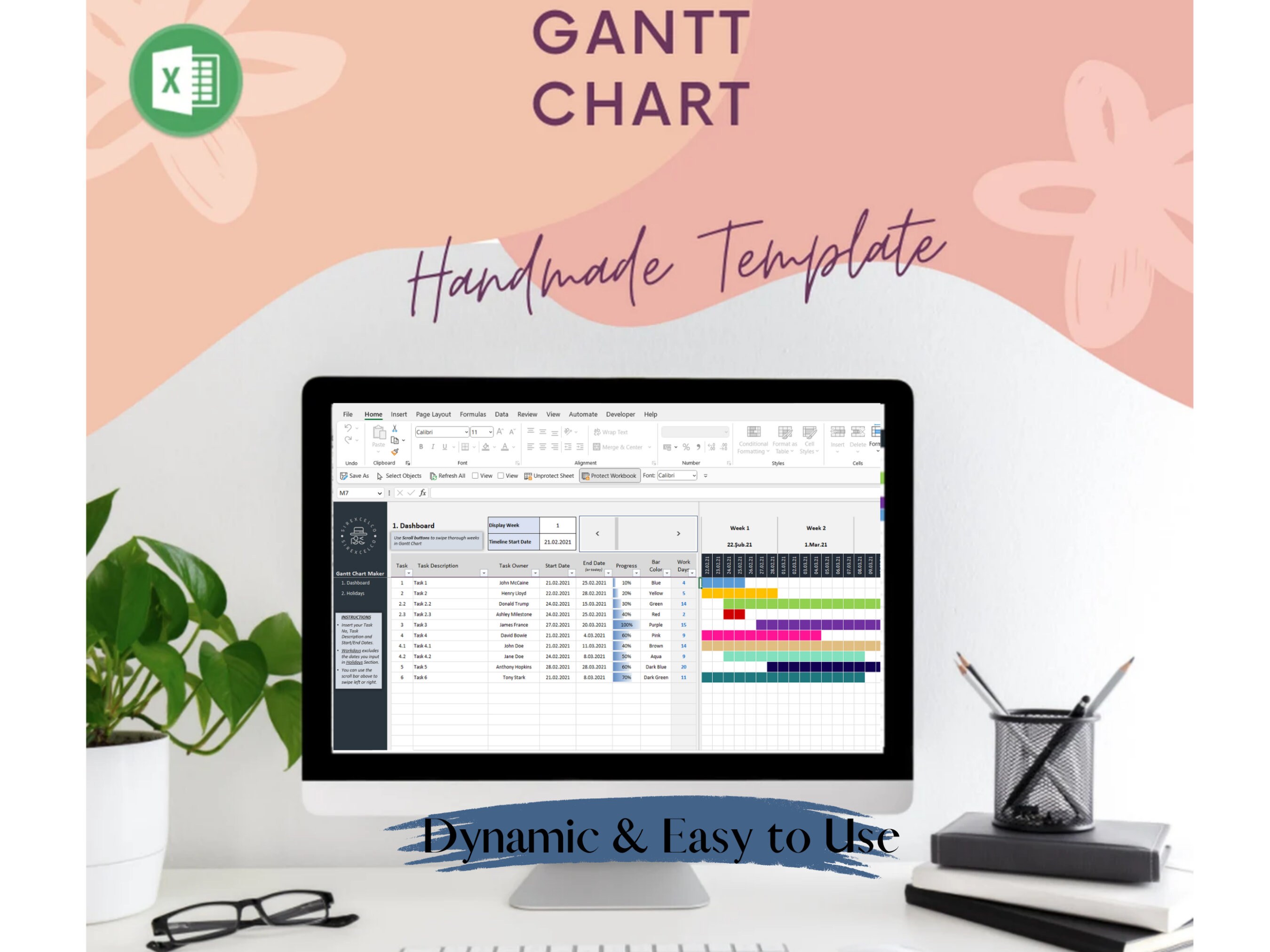 Dynamic Gantt Chart Excel Template for Team Work Management | Easy ...
