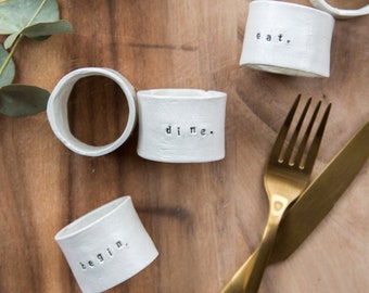 Clay napkin rings | Dine | Feast | Begin | Eat | Enjoy | Taste | Set of 6 | Ginger + the Goddess