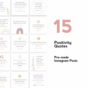 Op de afbeelding: Een verzameling van 15 vierkante Instagram-posts met inspirerende citaten op een witte achtergrond. De posts hebben een minimalistisch ontwerp met bloemen- en regenboogillustraties in een zachte roze kleur. Tekst rechts: "Positivity Quotes" en "Pre-made Instagram Posts."
