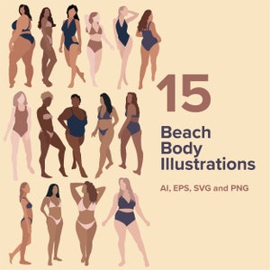May include: A set of 15 digital illustrations of women in various poses wearing swimwear. The illustrations are in a minimalist style with muted colours and simple lines. The text "15 Beach Body Illustrations AI, EPS, SVG and PNG" is at the bottom of the image.