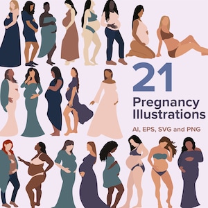 Illustrations de vecteurs de grossesse | TÉLÉCHARGEMENT NUMÉRIQUE | Illustrations modifiables pour femmes enceintes, clipart minimaliste sur la maternité, mom to be art