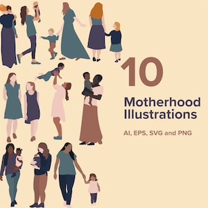 Motherhood Vector Illustrations | DIGITAL DOWNLOAD | Editable mom illustrations, minimalist motherhood clipart, mom and children clipart
