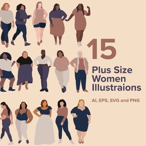 May include: A set of 15 illustrations of plus size women in various poses and clothing styles. The illustrations are in a flat, cartoon style and are perfect for use in digital or print projects.