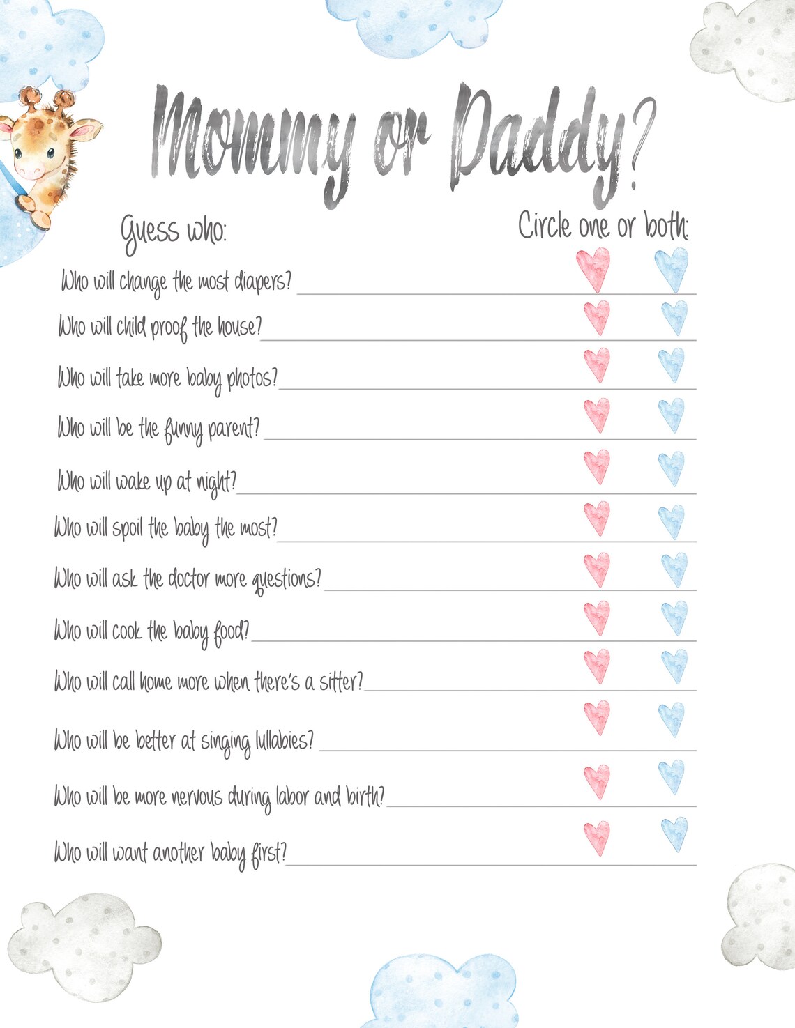 Mommy or Daddy- Baby Shower Game Printable - Etsy