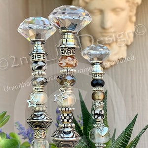 Classy House Plant Beaded Stake Succulent Decor 7" Exquisite Home Accessory. Options: Silver Gold Copper Bronze White & More