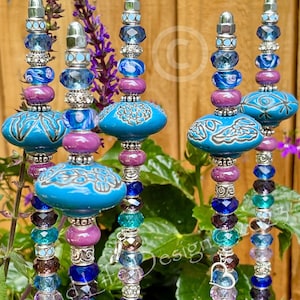 18" Garden Stake Sky Blue Ceramic/Glass Boho Beaded Fairy Wand Yard Art & House Plant Decoration