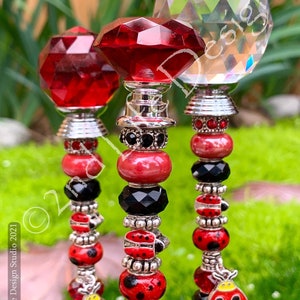 Ladybug Garden Stake + BONUS Ladybug Magnet - Beaded Fairy Garden Wand Decoration Suncatcher