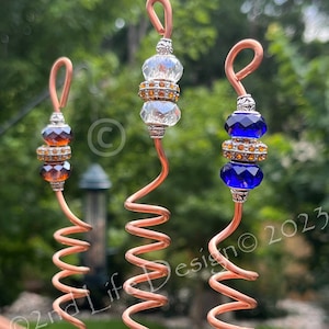 Solid Copper 15" Beaded Electroculture Plant Stakes, Heavy 12 Gauge Decorative Coil Antenna, Electro Culture; Cobalt Blue, Clear & More