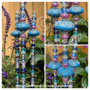 18" Garden Stake Sky Blue Ceramic/Glass Boho Beaded Fairy Wand Yard Art & House Plant Decoration