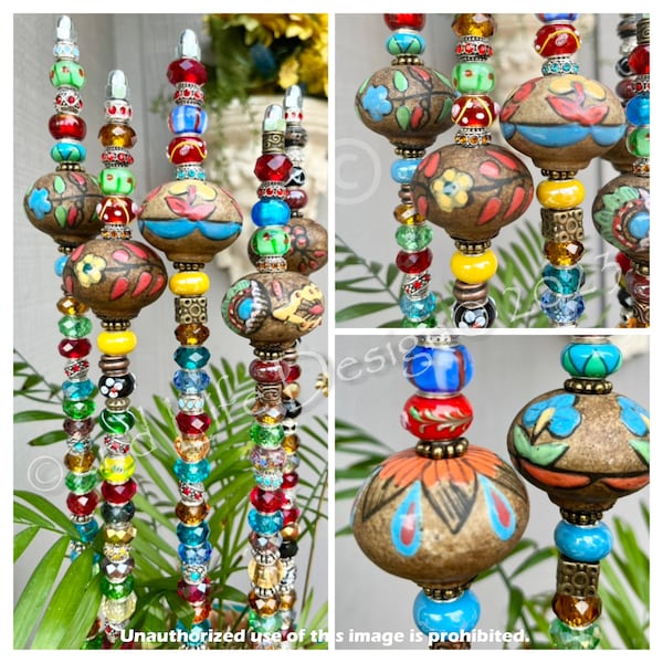 18" BoHo Colorful Plant Stake Hand Painted India Ceramic Bulbs/Glass Beaded Fairy Wand Yard Art & House Plant Decoration