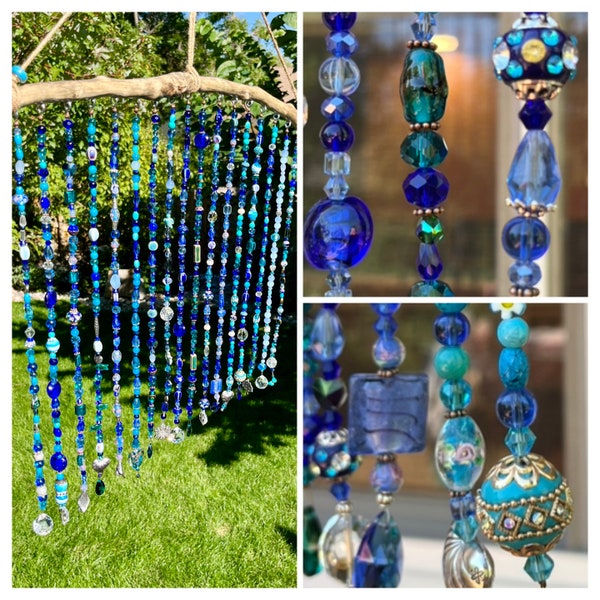 BoHo Glass Bead Curtain "Rhapsody in Blue"  HANDMADE 17 Strands Indoor/Outdoor w/ Treated Driftwood, Pearls & Suncatchers. Cobalt+Blue+Teal