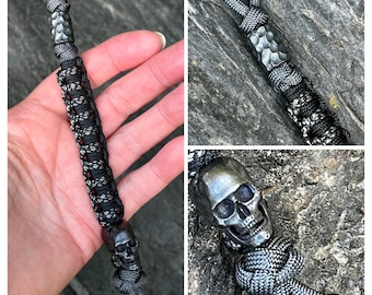 Dark Night Gunmetal Custom Paracord Knife Lanyard l Hammered Brass with Skull Bead l Choice of Colors