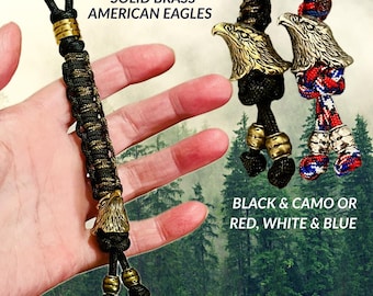 American Eagle EDC / Paracord Knife Lanyard l Solid Brass Eagle Bead l USA Patriotic Red White Blue