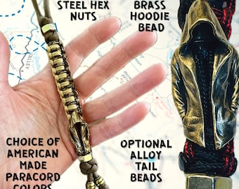 Cloak Hoodie Paracord Knife Lanyard Solid Brass Bead w/ Hillman Steel Hex Nuts |  American Made Cord | Handmade in USA