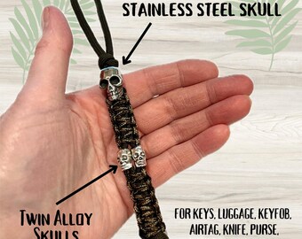 Paracord Strap Lanyard For Knife, Keys with Stainless Steel Skull Bead EDC Lanyard for Apple Air Tag, Key Fob, Luggage Made & Shipped in USA
