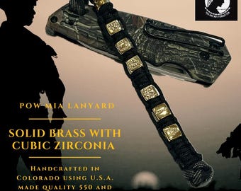 POW MIA Paracord Lanyard Solid Brass & Cubic Zirconia Beads EDC Knife/Key/Fob/Air tag Lanyard for Military, Veteran, Spouse