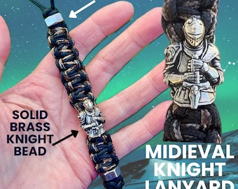 Custom Medieval Knight 275 Paracord Knife EDC Lanyard. Solid Brass Knight Bead l 66 Cord Colors l Handmade in USA