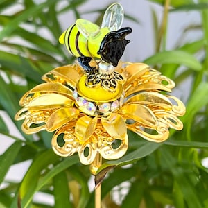 Honey Bee Handmade Glass Bee Flower Decor Plant Stake/Spike. Exquisite Jewelry Grade with Golden Brass & Rhinestones+ Bonus Bee Magnet.