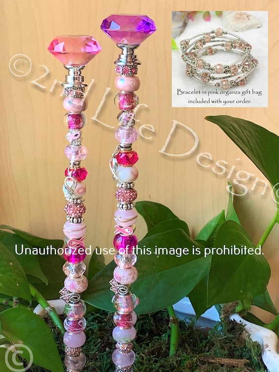PINK Breast Cancer Garden Stake & Bracelet Set: Pink Hope Ribbon Awareness / Fairy Garden Wand/Decoration Gift for Survivor