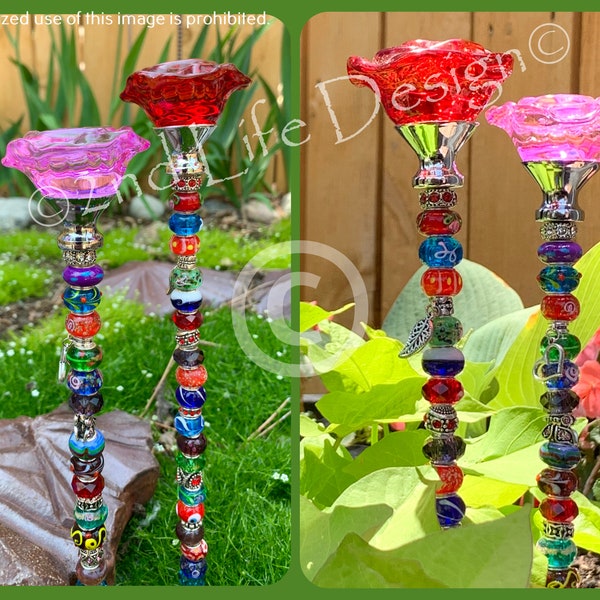 Rose Garden Stake, Glass Rose 14"or 20" Red, Pink or Purple.  Fairy Garden Wand/Decoration