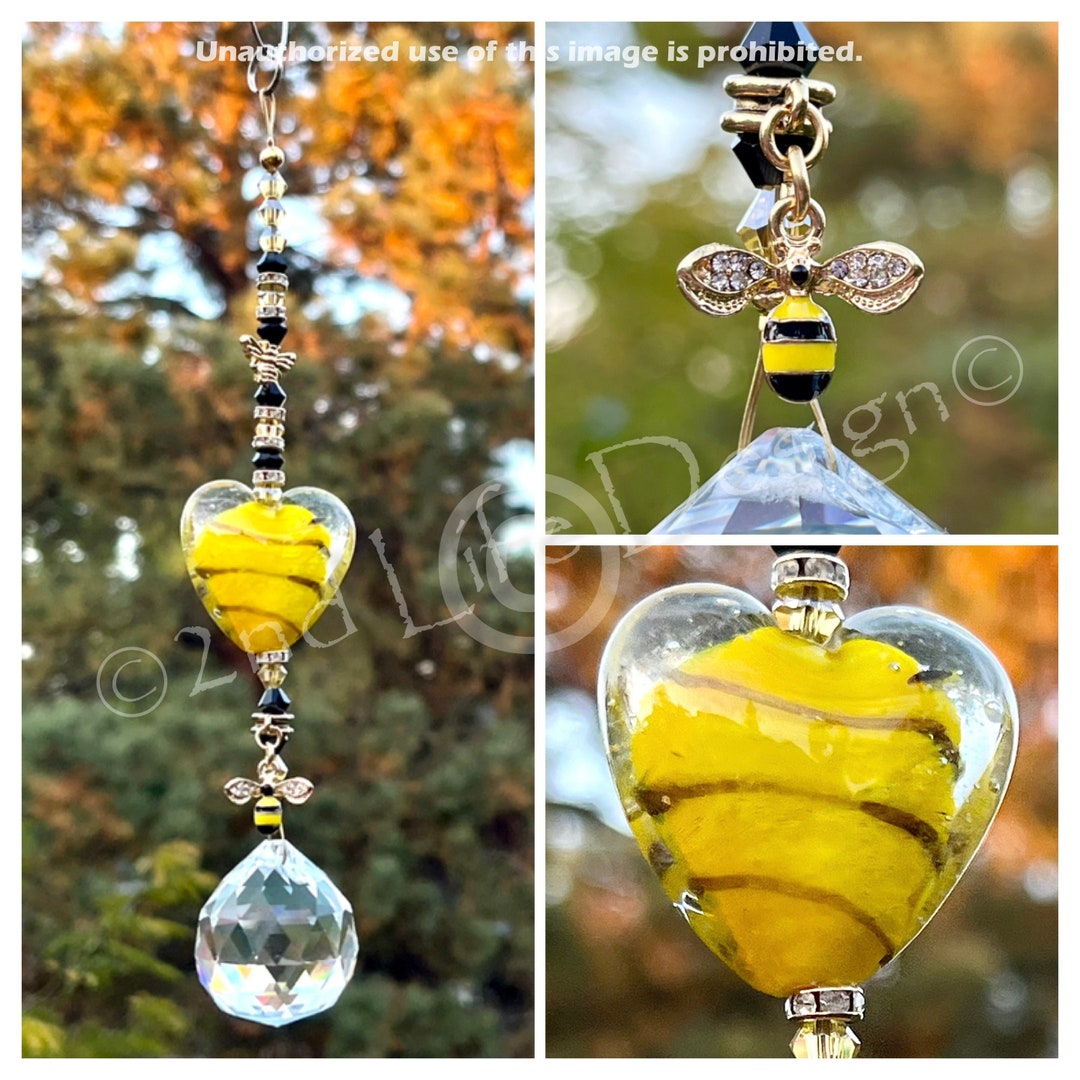 Bee & Heart Suncatcher Crystal Prism Rainbow Maker Handmade Lampwork