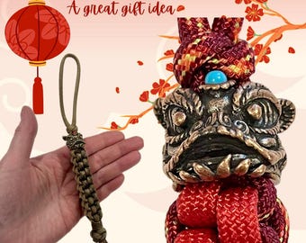 Chinese Lion Dance 550 Paracord Knife EDC Lanyard: Brass Guardian Dragon - 66 Cord Colors l Silver Copper Bronze New Year Gift