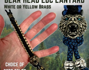 Custom Bear Paracord Knife Lanyard.  EDC Solid Brass Bear Bead with Blue Eyes w/ Stainless Steel. Made in the USA!
