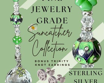 Irish Sterling Silver Bead Suncatcher + Celtic Earring Set /CZ Enamel Bead / Green Jeweled 4 Leaf Clover Charm + BONUS Trinity Knot Earring