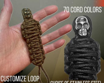 Custom Mummy Knife Lanyard, 550 Paracord, Brass or Stainless Steel Skull Bead, 70 Colors