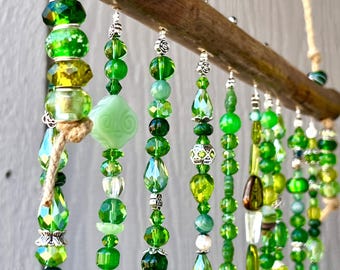 Irish Green Glass Beaded Hanging + BONUS Celtic Trinity Knot Earrings/Green Suncatcher/Ireland Bead Curtain Garden Decor w/ Crystal Prisms