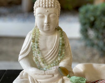 Hand-Knotted Green Gemstone & Rudraksha Mala