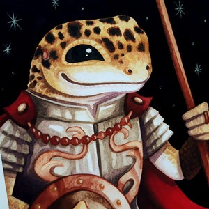 May include: A watercolor painting of a gecko wearing a silver and red armor, holding a spear and a shield. The gecko has a spotted pattern and is smiling. The background is a dark blue with white stars.