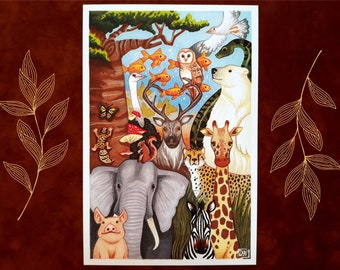 Animal Friends art print - Marker and Color Pencil Illustration - 6x9 prints - Biodiversity Wall Decor - Cute Animals Nursery Wall Hangings