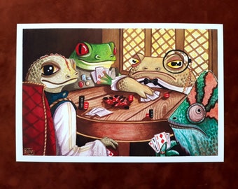 Reptiles and Amphibians Playing Poker Art Print - 6x9 Print - Watercolor Illustration - Art print - Frog Art - Lizard Art - Chameleon Art